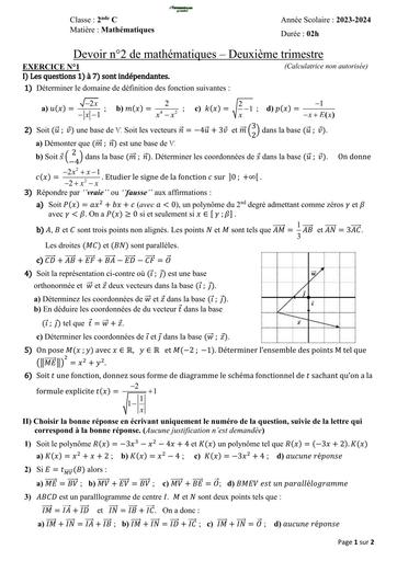 DEVOIR DE MATHS 2nde C D2T2 2023 2024 by TEHUA