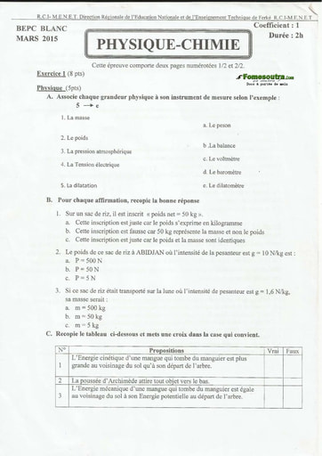 Physique chimie BEPC blanc Mars 2015 DRENET Ferkessédougou