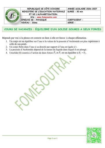 FICHE 5 PC 3ième L3 ÉQUILIBRE D’UN SOLIDE SOUMIS A DEUX FORCES by TEHUA