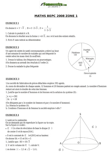 Sujet de mathématique BEPC 2008 Zone 1