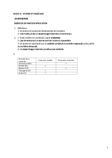 Leçon 11   Atomes et molécules (corrigés)
