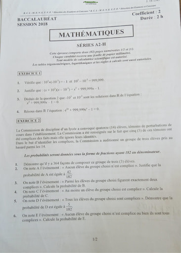 Sujet corrigé et barème de Maths BAC A2 et H 2018