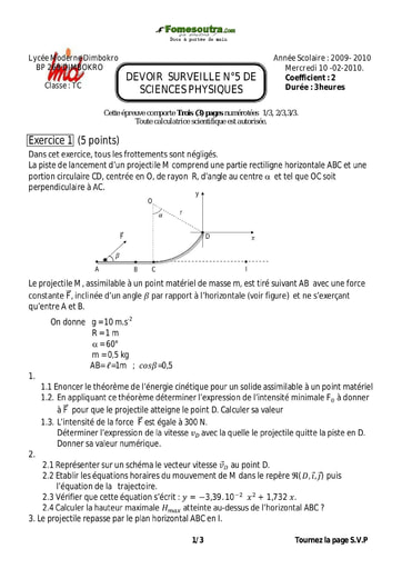 Devoir (9) de Physique niveau Terminale C