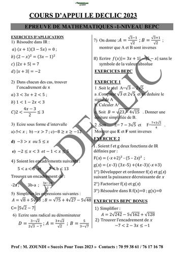 COURS D'APPUI LE DECLIC MATHS 3ième N°1 BY TEHUA