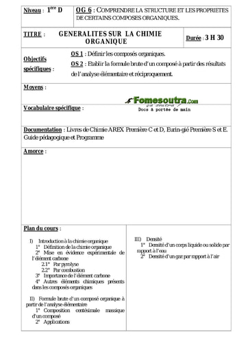 Généralités sur la chimie  organique - Chimie 1ere C et D