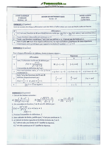 Devoir de Mathématiques niveau 1ereD anneé scolaire 2020/21 - Lyceé Classique d'Abidjan