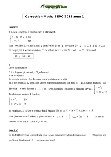 Corrigé de mathématique BEPC 2010 Zone 1