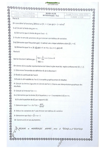 Devoir de Mathématique Terminale C Lycée Classique Abidjan 2021-2022