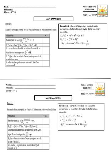 Interrogation écrire Maths 1iere D Mars 2024 by Tehua