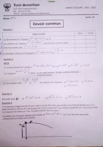 Devoir commun de Mathématiques niveau première C - Lycée Scientifique Yamoussoukro -  Année 2021/2022