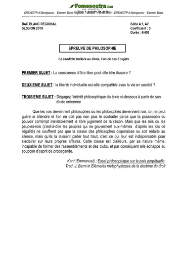 Sujet corrigé de Philosophie BAC blanc serie A1 et A2 2019 - DRENETFP d' Abengourou