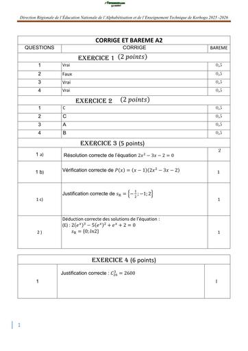 BAC BLANC 2026 DRENA KORHOGO SUJET MATHS SERIE A2 (BAREME) by TEHUA