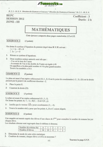 Sujet de mathématique BEPC 2012 Zone 3