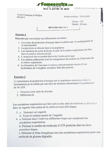 Devoir de Svt Lycée Classique 2020