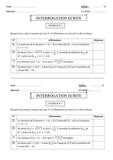 Interrogation écrite Maths niveau 1ièreD (généralité sur les fonctions ) by Tehua