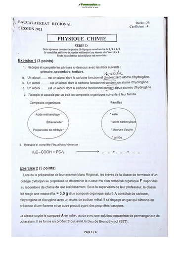 Sujet de Physique-Chimie Terminale D  Lycée Classique Abidjan 2021-2022