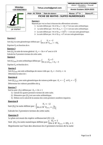 FICHE DE TRAVAUX DIRIGES FICHE DE MATHS SUITES NUMERIQUES 1ière D By TEHUA
