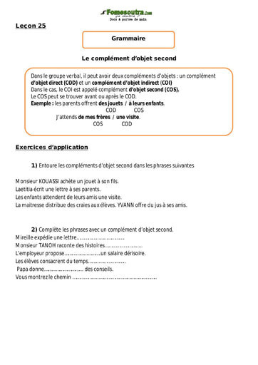 Le complément d’objet second - Cours CM1