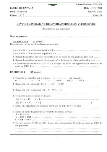 DEVOIR DE MATHS NIVEAU 6ième A LYCEE DE SAPAGA 2024 trim 2 BY TEHUA