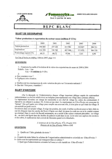 Sujet d'Histoire Geo BEPC blanc 2010 Lycée Sainte Marie de Cocody