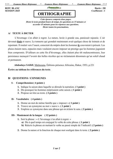 BEPC Blanc Régional 2025 – Orthographe – Sujet & Corrigé BY TEHUA
