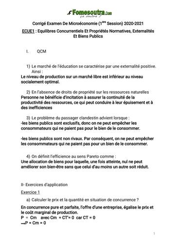 UFHB de Cocody Corrigé examen de MICROECONOMIE AVANCEE L2 by TEHUA