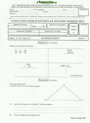 Sujet de Mathematique CEPE 2014 zone 1