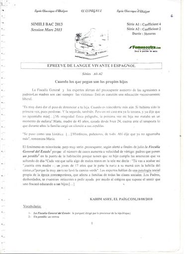 Sujet Espagnol LV1 BAC blanc 2013 série A1 et A2 - Lycée Classique d'Abidjan
