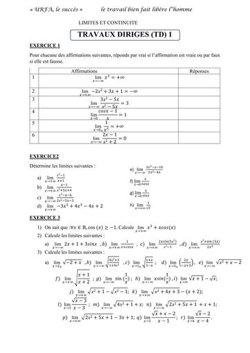 Travaux Dirigés N°2 MATHS niveau Tle D sur Limite et continuité septembre 2025 by Tehua