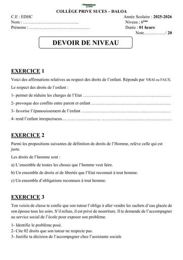 SUJET 6ième DEVOIR EDHC 6ème CP SUCES DALOA BY TEHUA