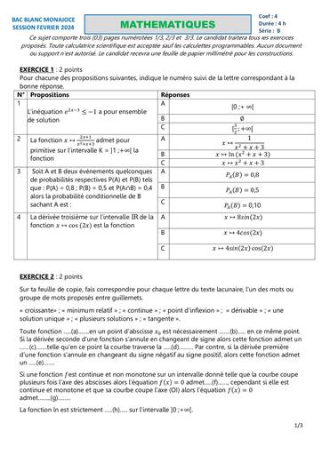 MATHS BAC B FEVRIER 2024 COLLEGE MONAJOCE by DJAHASHIKAN