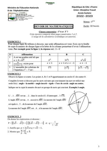 DEVOIR DE MATHS NIVEAU 3ième GSKLD 2023 BY TEHUA