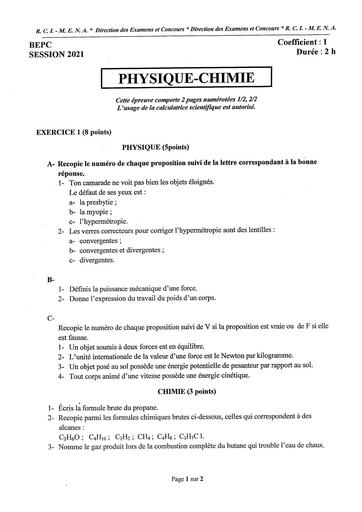 EPREUVE BEPC 2021 PHYSIQUE CHIMIE COTE D'IVOIRE + barème by Tehua