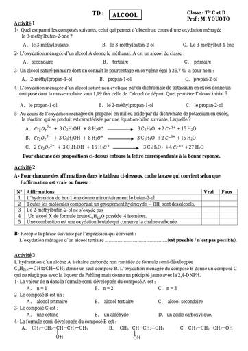 Fiche travaux Dirigés Chimie Tle Alcool 2024 by Tehua