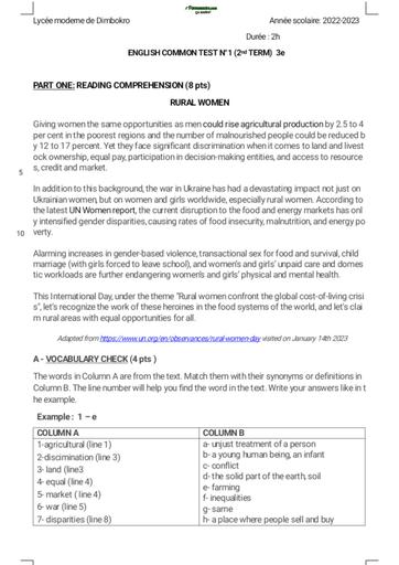 ENGLISH TEST Niveau 3ième DEVOIR COMMUN 2nd term RURAL WOMEN by TEHUA pdf