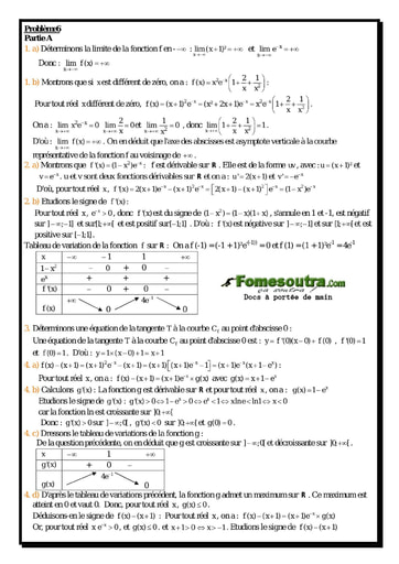 Corrigé Problème (6) Etude d'une fonction exponentielle - Maths Terminale D