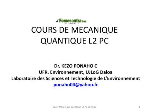 COURS DE MECANIQUE QUANTIQUE L2 PC 2 BY TEHUA