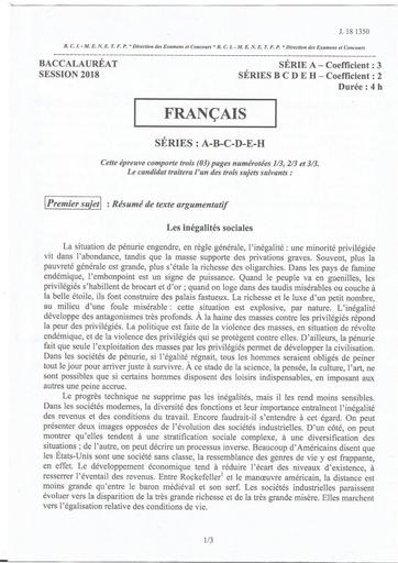 Sujet Français Séries A-B-C-D-E-H 2018