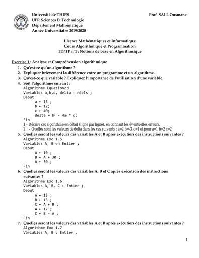 Td 1 Algorithmique et Programmation by Tehua