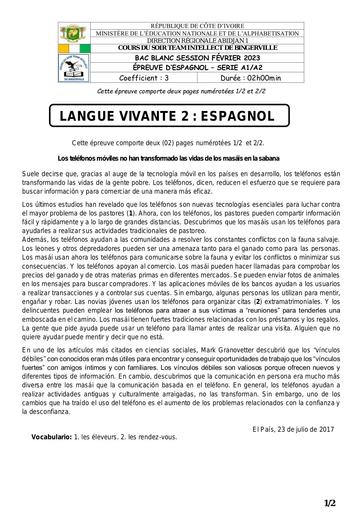 Cours du Soir Team Intellect de BINGERVILLE BAC BLANC ESPAGNOL