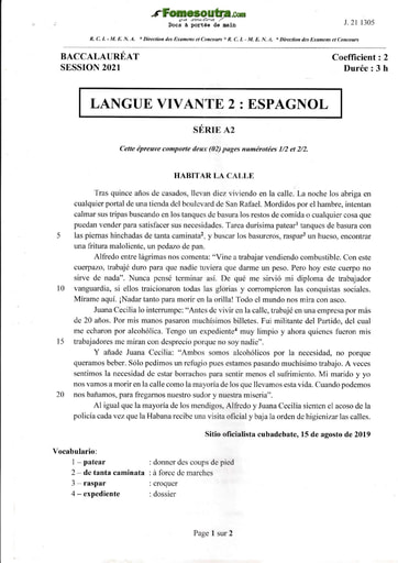 Sujet corrigé et barème d'Espagnol LV2 BAC A2 2021