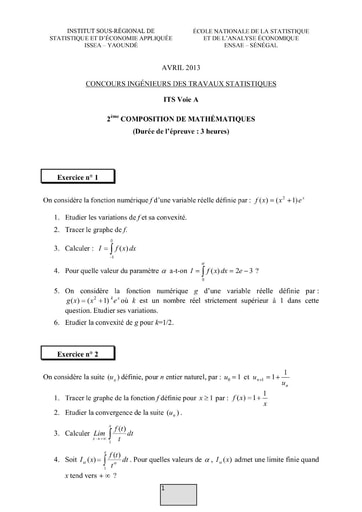 Sujet 2ème épreuve de maths ITS A 2013 (ENSAE - ISSEA)