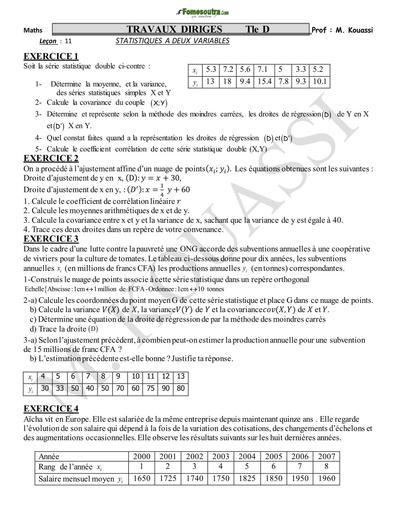 TRAVAUX DIRIGES MATHS STATISTIQUES A DEUX VARIABLES Tle D Côte d'Ivoire BY TEHUA