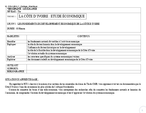 TH1 G1 TLE LES FONDEMENTS DU DÉVELOPPEMENT ÉCONOMIQUE DE LA CÔTE D’IVOIRE