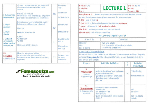 Sali vend de la salade - Fiche pour enseignant CP1