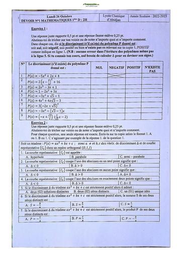 Sujet de Mathématique Première D Lycée Classique Abidjan 2022-2023