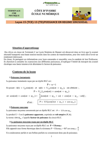 Cours de Puissance en Régime Sinusoïdal
