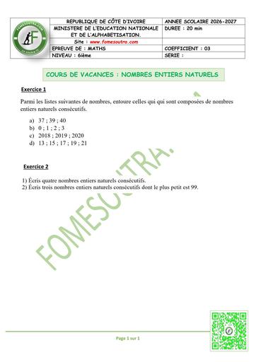 FICHE 2 MATHS 6ième L1 NOMBRES ENTIERS NATURELS by TEHUA