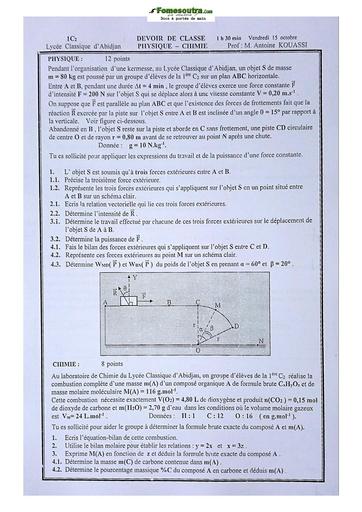 Sujet de Physique-Chimie Première C Lycée Classique Abidjan 2022