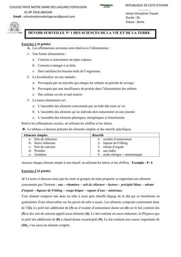 SUJET 3ieme DEVOIR SVT 3e NDL DE YOP BY TEHUA